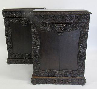 A Pair Of Highly Carved 1 Door Cabinets.