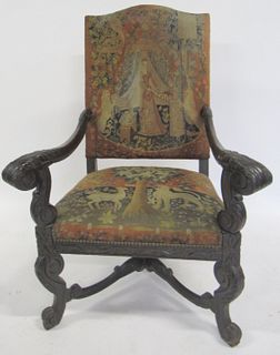 Antique Carved Throne Chair With Needlepoint