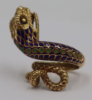 JEWELRY. 18kt Gold and Enamel Snake Form Ring.