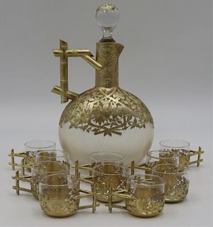 SILVER. French Gilt Silver Mounted Decanter and 10