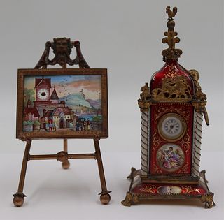 (2) Miniature Austrian? Enamel Decorated Clocks.