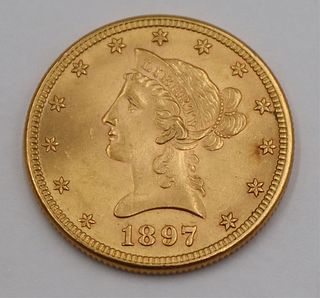 GOLD. 1897 US $10 Gold Liberty Eagle Coin.