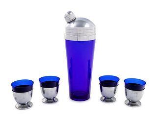 A Five-Piece Cobalt Blue Glass and Silver Cocktail Set