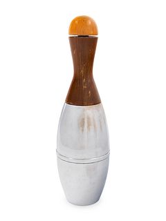 A Wood and Chromed Metal 'Bowling Pin' Cocktail Shaker