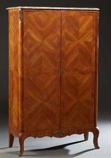 Diminutive Louis XV Style Carved Mahogany Ormolu Mounted Marble Top Armoire, early 20th c., the rounded edge and corner highly figured violette marble