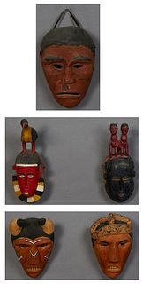 Group of Five Carved Polychromed Wood Death Masks, 20th c., two African, Baule Tribe, and three possibly native American, Tallest- H.- 14 3/4 in., W.-