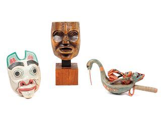Three Reproduction Northwest Coast-Style Carved Objects
rattle length 17 1/2 inches