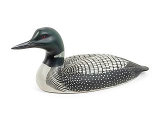 Marty Hanson
(American, 20th Century)
Carved Wood and Polychrome Painted Loon Decoy, 1988