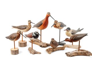 Ken Kirby
(American, 20th Century)
Eight Carved and Polychrome Painted Shorebirds 
