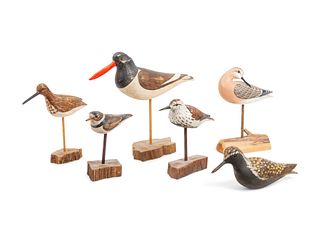 Six Carved Wood and Polychrome Shorebirds 
largest height 11 3/4 x length 13 1/2 inches