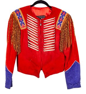 Women's Red Leather Beaded Jacket with Fringe, by Patricia Wolf, Texas, size 8