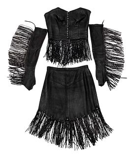 Black Leather Fringe Corset Top, Skirt and Arm Bands