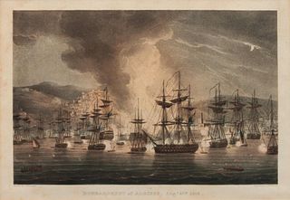 Three Nautical Color Engravings: Lord Howe in the Queen Charlotte, Bombardment of Algiers and Capture  Destruction of Four Spanish Frigates
8 x 11 inc
