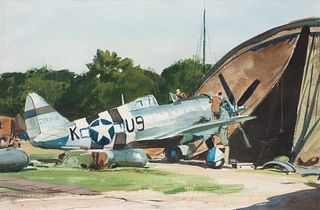 Ogden Pleissner
(American, 1905 - 1983)
Repairs on Silver P47at End of Blister Hangar