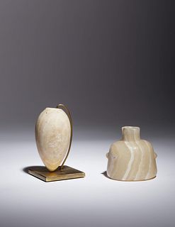 Two Egyptian Alabaster Vessels
Height of bottle 3 inches; height of jar 3 3/4 inches.