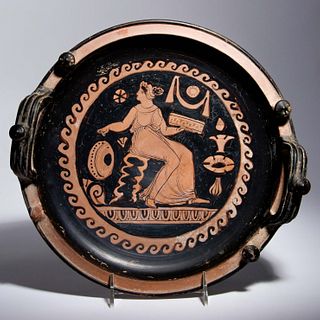 An Apulian Red-Figured Knob-Handled PateraDiameter 11 inches.