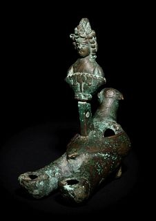 A Roman Bronze Oil Lamp in the Shape of a Dove with the Bust of a Goddess