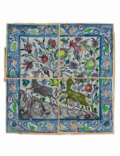 A Qajar Pottery Tile Panel
Height 20 1/2 x width 21 inches.