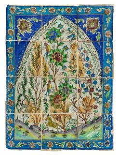 A Qajar Pottery Tile Panel 
Height 40 x width 30 inches.