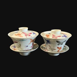 Qing Dynasty Famille Rose Butterfly Pattern Twain Tea Cups with Cap, Tong Zhi Nian Zhi Mark 