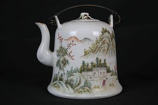 Light Reddish Character Landscape Tea Pot with Iron Handles
