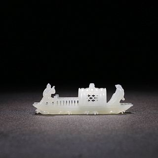 A Chinese White Hetian Jade Piercing Boat Ornament 