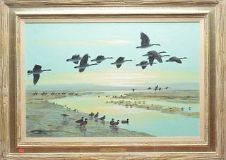 "Low Tide at Dawn," an oil on canvas of Canada geese, pintails, and shorebirds, Sir Peter Scott.