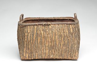 Large bark carrying basket with two handles, possibly Anishinquabeg or Chippewa//Ogibway.