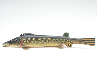 One of the longest pike fish decoy we have seen, Oscar Peterson, Cadillac, Michigan, 1st quarter 20th century.