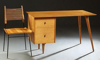 Paul McCobb Planner Group Mid-Century Modern Desk and Chair, c. 1950, the single pedestal desk with a rectangular top over splayed cylindrical legs; t