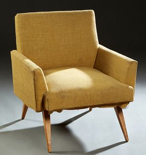 Paul McCobb Upholstered Bergere, c. 1960. the canted back flanked by trapezoidal arms, to a cushioned seat on splayed tapered legs, H.- 32 in., W.- 30
