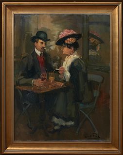 Louis van der Pol (1896-1982), "Cafe Scene," 20th c., oil on canvas, signed lower right, presented in a wide gilt frame, H.- 39 1/4 in., W.- 29 1/8 in