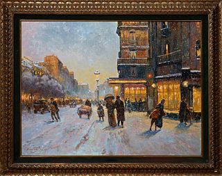 Pierre Guillaume (1954- ), "Paris Winter Street Scene," 20th c., signed lower left, presented in a wide gilt and gesso frame with a green velvet liner