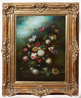 Chinese School, "Still Life of Flowers on a Table," 20th c., oil on canvas, presented in an ornate gilt frame, H.- 39 in., W.- 29 in.