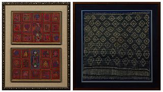 Three South American Tapestries, 20th c., consisting of a pair of molas modeled as playing cards, presented in a single gilt and gesso shadowbox frame