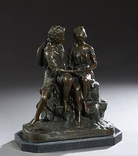 After Charles Cumberworth (1811-1852), "Young Couple with a Bird's Nest," 20th c., bronze, after the 19th c. original, impressed signature on the fron