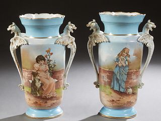 Pair of Large Continental Porcelain Vases, late 19th c., of tapered form, the scalloped rims over gilt decorated shoulders with gilt highlight applied