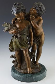 After Auguste Moreau (1834-1917), "The Secret," late 20th c., patinated bronze on a circular figured green marble base, H.- 18 1/2 in., W.- 11 in., D.