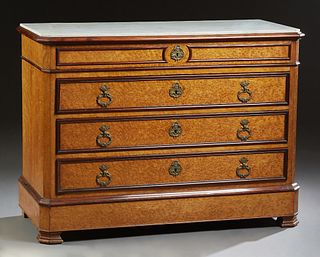 French Provincial Louis Philippe Carved Walnut and Elm Marble Top Commode, 19th c., the inset canted corner white marble over three drawers and a "sec