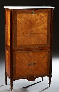 French Louis XVI Style Carved Inlaid Mahogany Marble Top Secretary Abattant, 19th c., the ogee edge cookie corner figured white marble over a fall fro