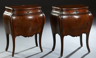 Pair of Diminutive Louis XV Style Inlaid Mahogany Bombe Commodes, late 19th c., the serpentine top over a long bombe frieze drawer and an inlaid cupbo