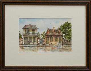 Roger Carrington (Louisiana), "French Quarter Houses," 1975, watercolor, signed and dated lower right, presented in a mahogany frame, H.- 5 1/2 in., W