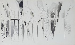 Kitty O'Meallie (1915-2014, Newcomb College), "Roots Overtaking an Iron Fence," 20th c., charcoal, pencil signed lower left, titled verso, shrink wrap
