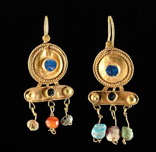 1st C. Roman Gold Earrings w/ Lapis, Agate, & Glass