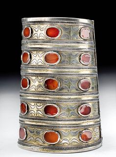 19th C. Turkoman Tekke Gilt Silver Bracelet w/ Agates
