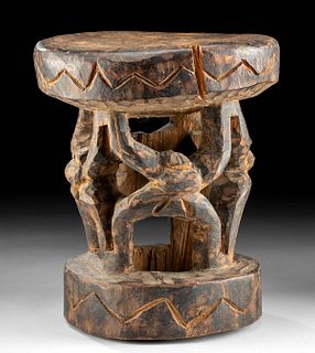 Early 20th C. Cameroonian Bamum Wood Stool w/ Figures