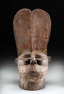 Early 20th C. Bamileke Batcham Wood Helmet Mask