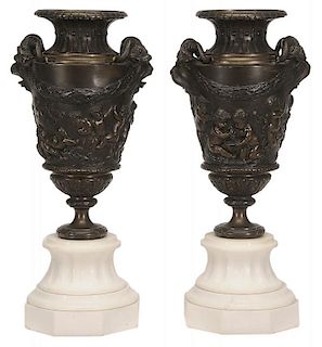Pair of Bronze and Marble Urns