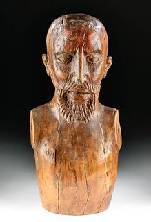 17th C. Spanish Empire Wood Bust of Bearded Man