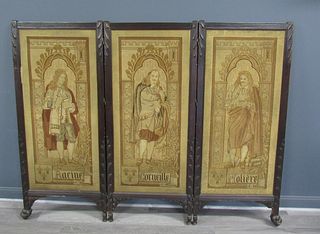 A Carved 3 Panel Needlepoint /Tapestry Screen